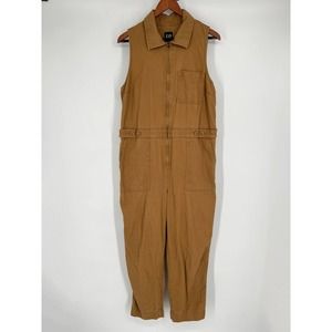 Gap Sleeveless Zip Up Jumpsuit Sz 12 Deep Camel Tan Twill 100% Cotton
